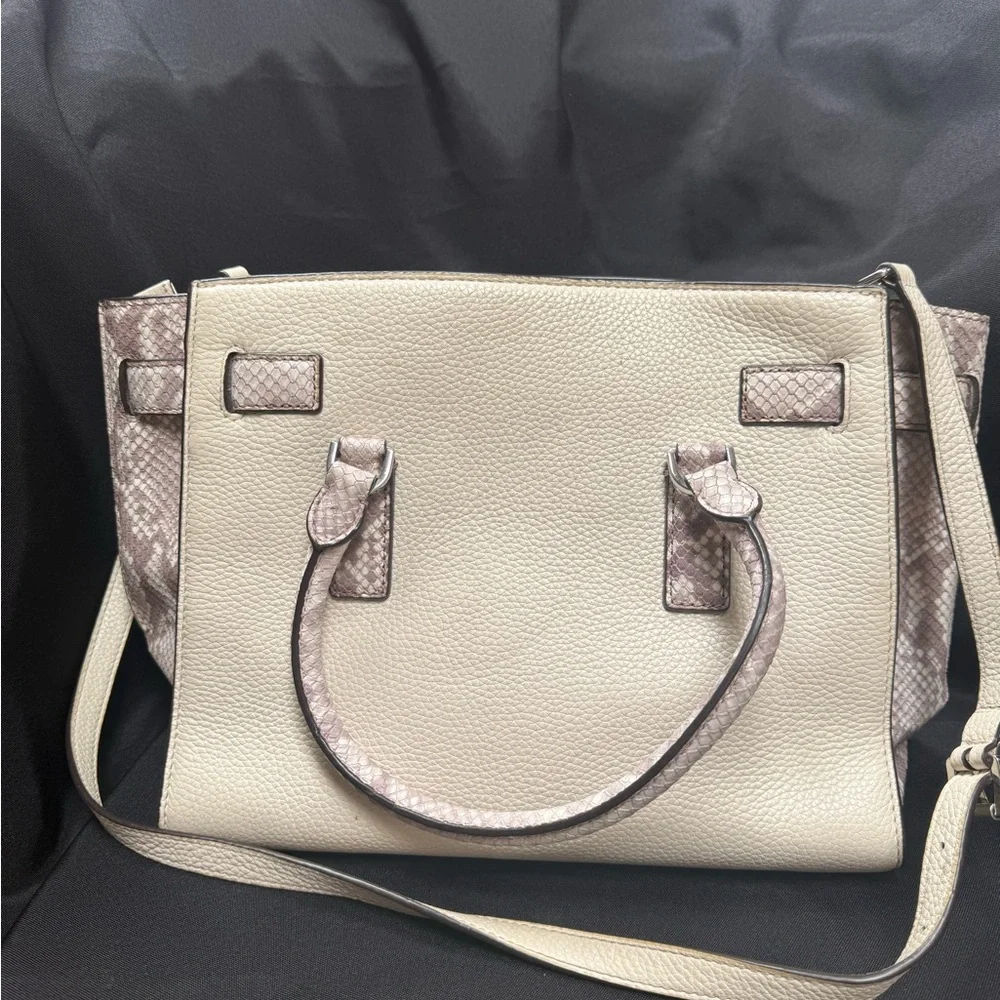 Michael Kors Cream Leather Tote with Snake-Print Trim - Picture 3 of 7